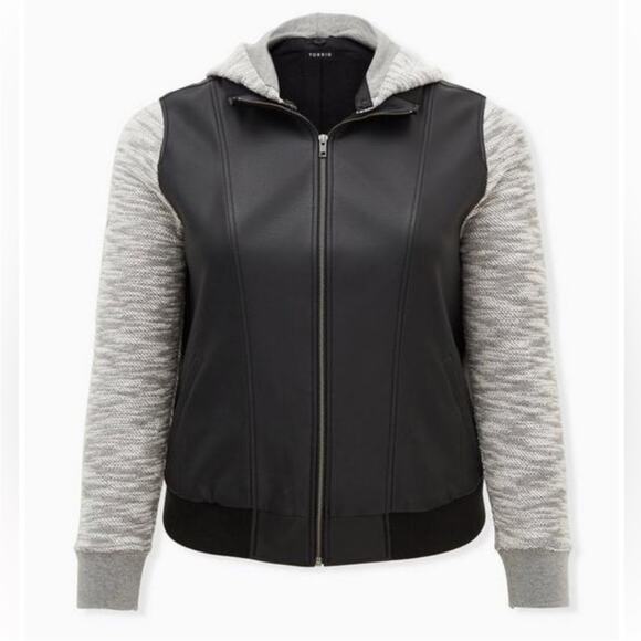 Torrid Black Faux Leather & Marled Grey Terry Bomber‎ Jacket Hooded Sz 2X 18-20 - Picture 2 of 10